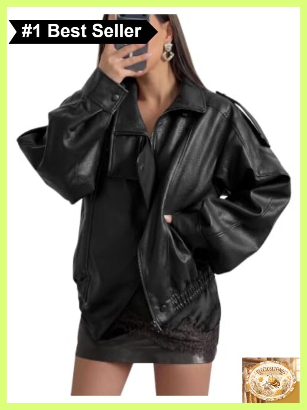 Faux Leather Oversized Bomber Jacket Funnel Neck Zip Front